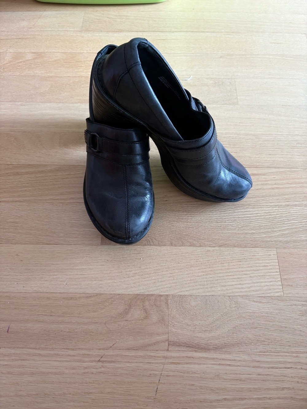 Born Black Leather Slip-On Loafers with Buckle Accent